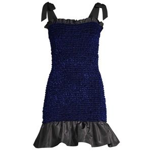 Petersyn Olsen Smocked Ruffle Hem Mini Dress